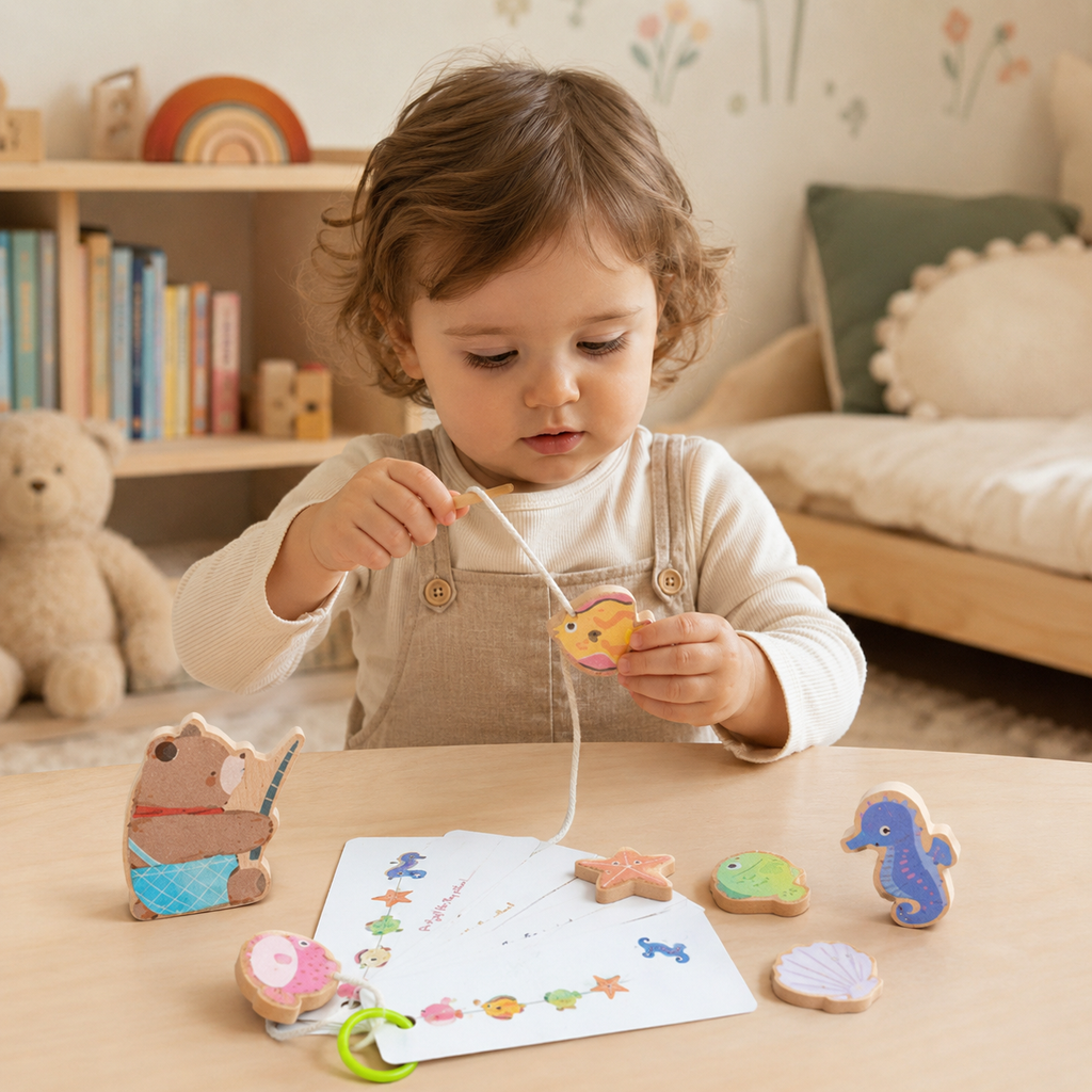 Montessori-Fädelspiel mit Meeresmotiven