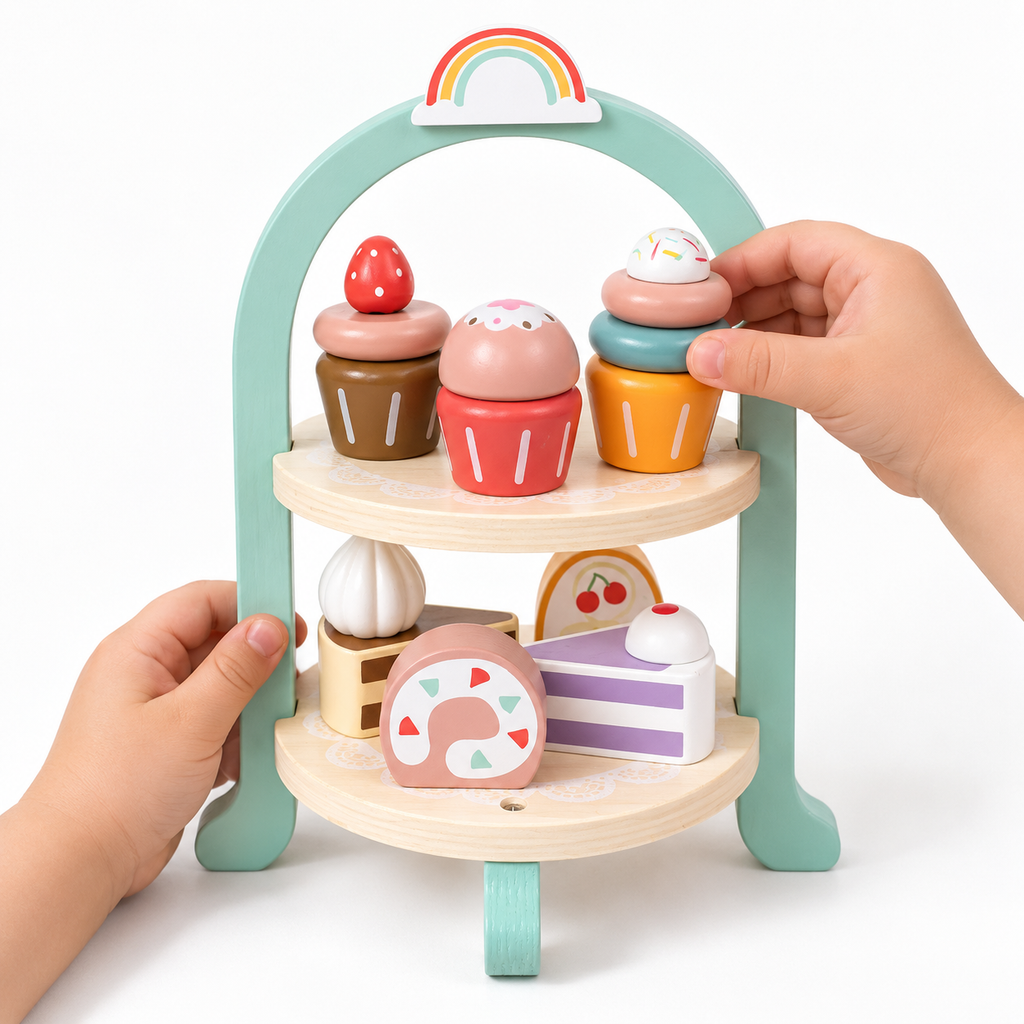 Montessori-Etagere mit Kuchen aus Holz