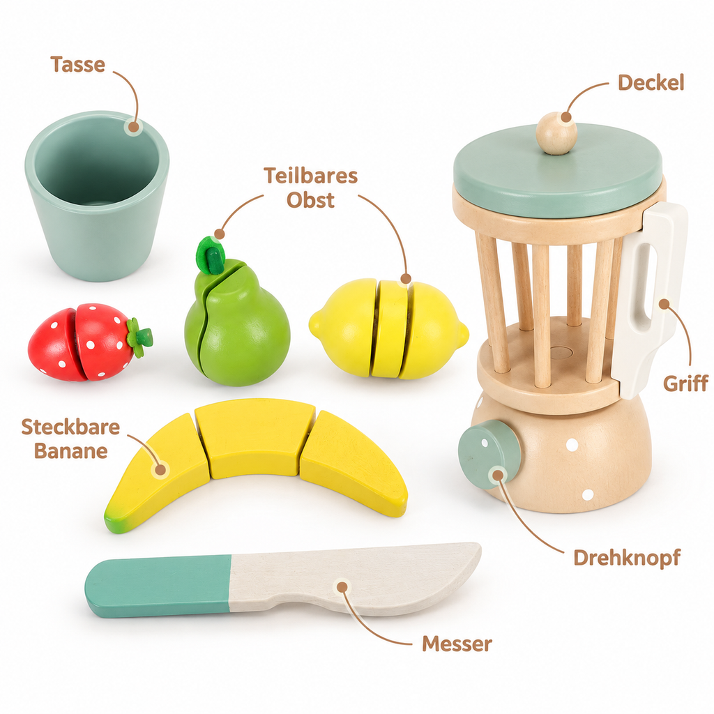 Montessori-Mixer aus Holz mit Obst