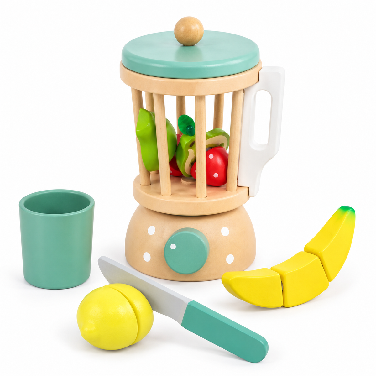 Montessori-Mixer aus Holz mit Obst