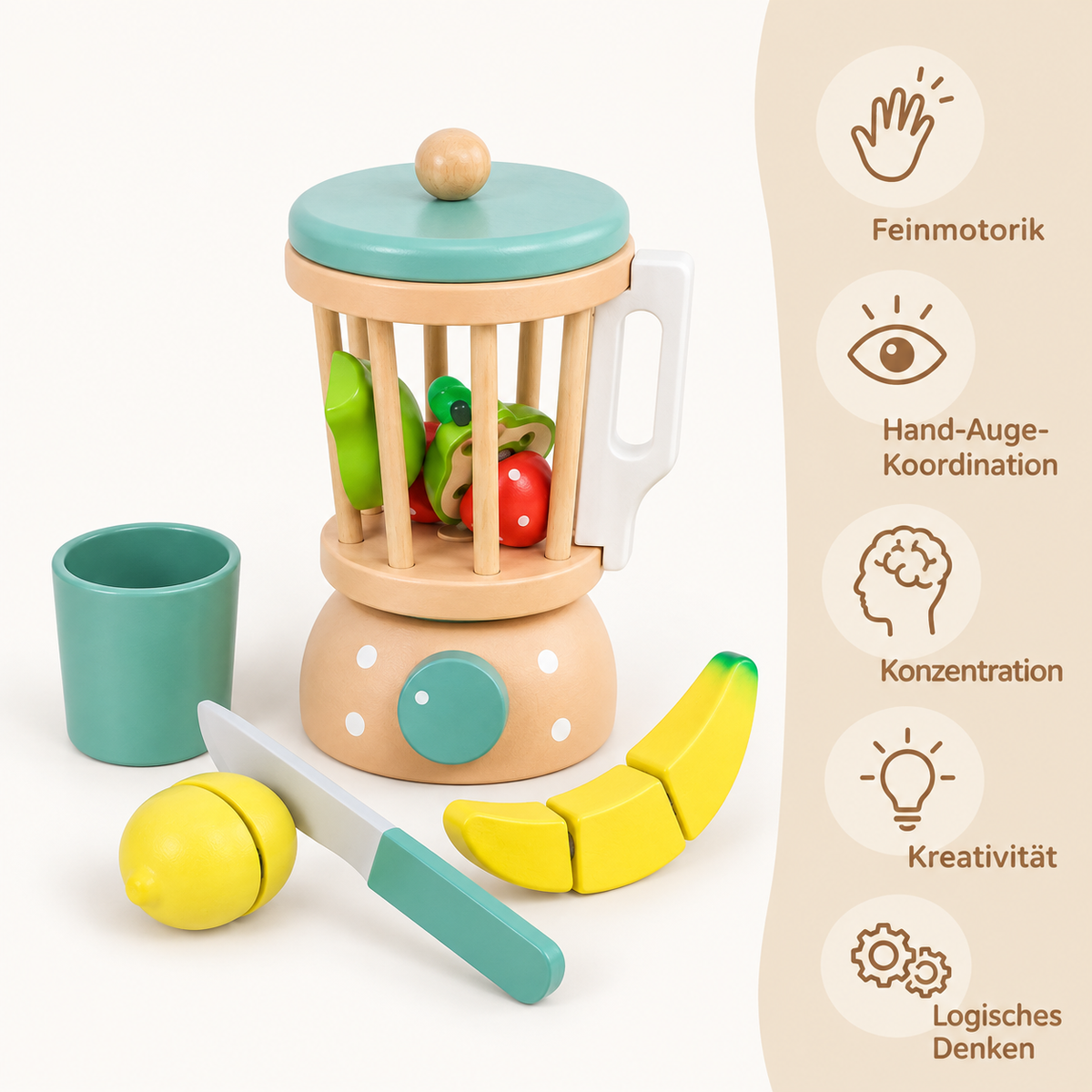 Montessori-Mixer aus Holz mit Obst