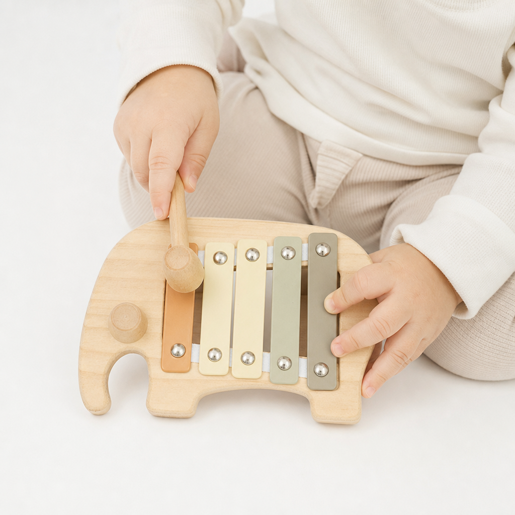 Elefanten-Xylophon aus Holz für Kleinkinder - Entrain de jouer fond blanc