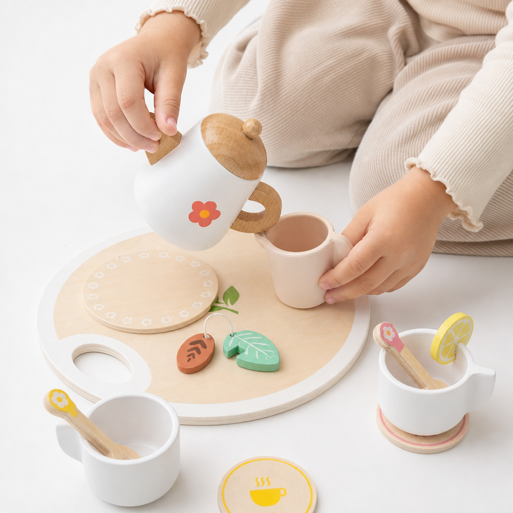 Holz-Teeservice für Kinder – Rollenspiel-Set - Entrain de jouer fond blanc
