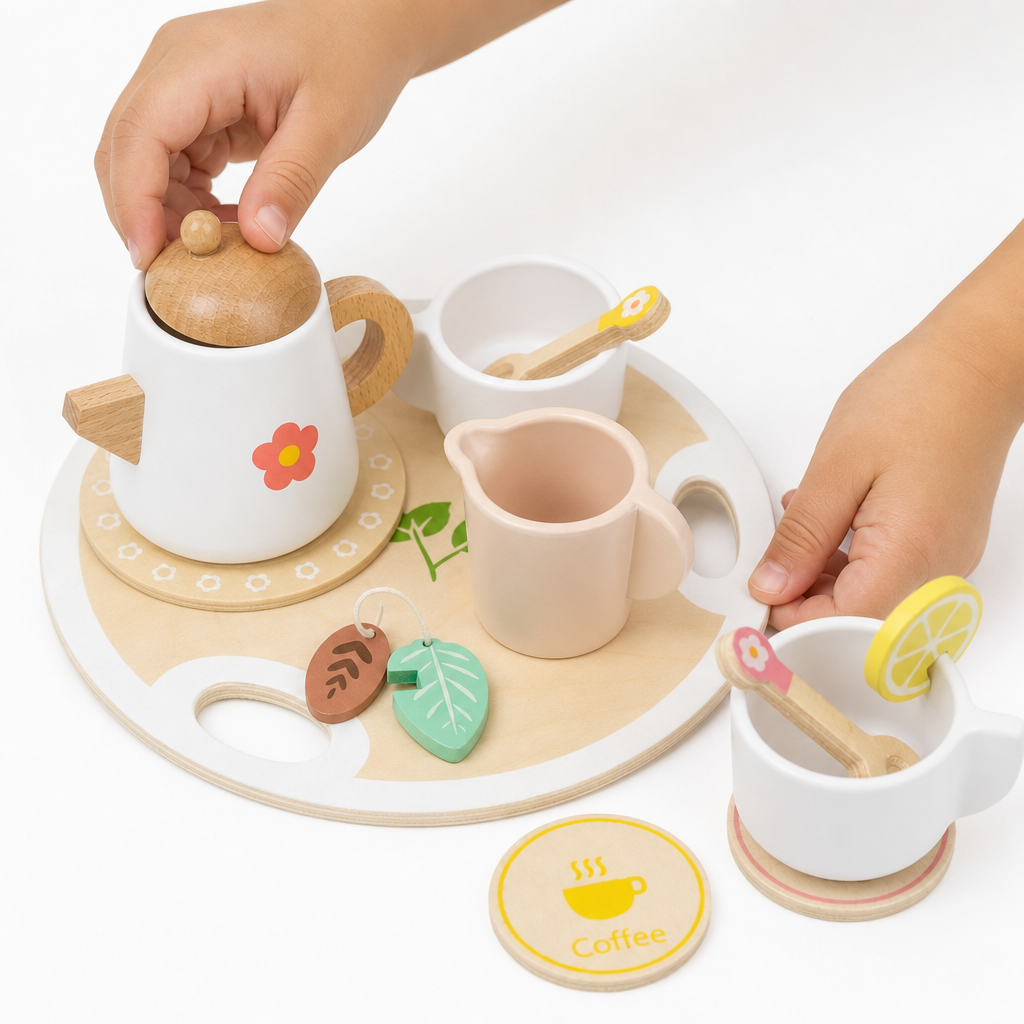 Holz-Teeservice für Kinder – Rollenspiel-Set - Entrain de jouer, mais avec les caractéristiques