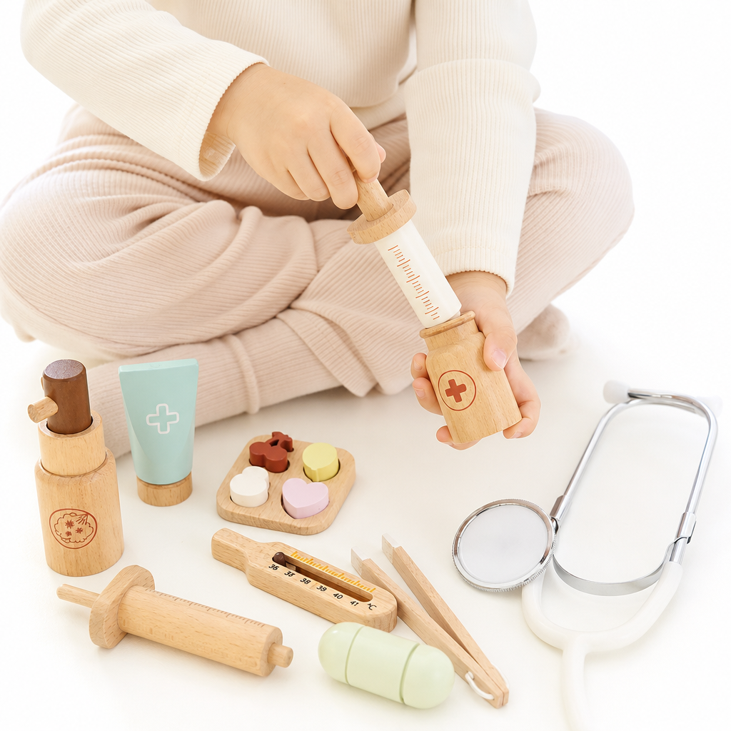 Montessori Arztkoffer aus Holz - Entrain de jouer fond blanc