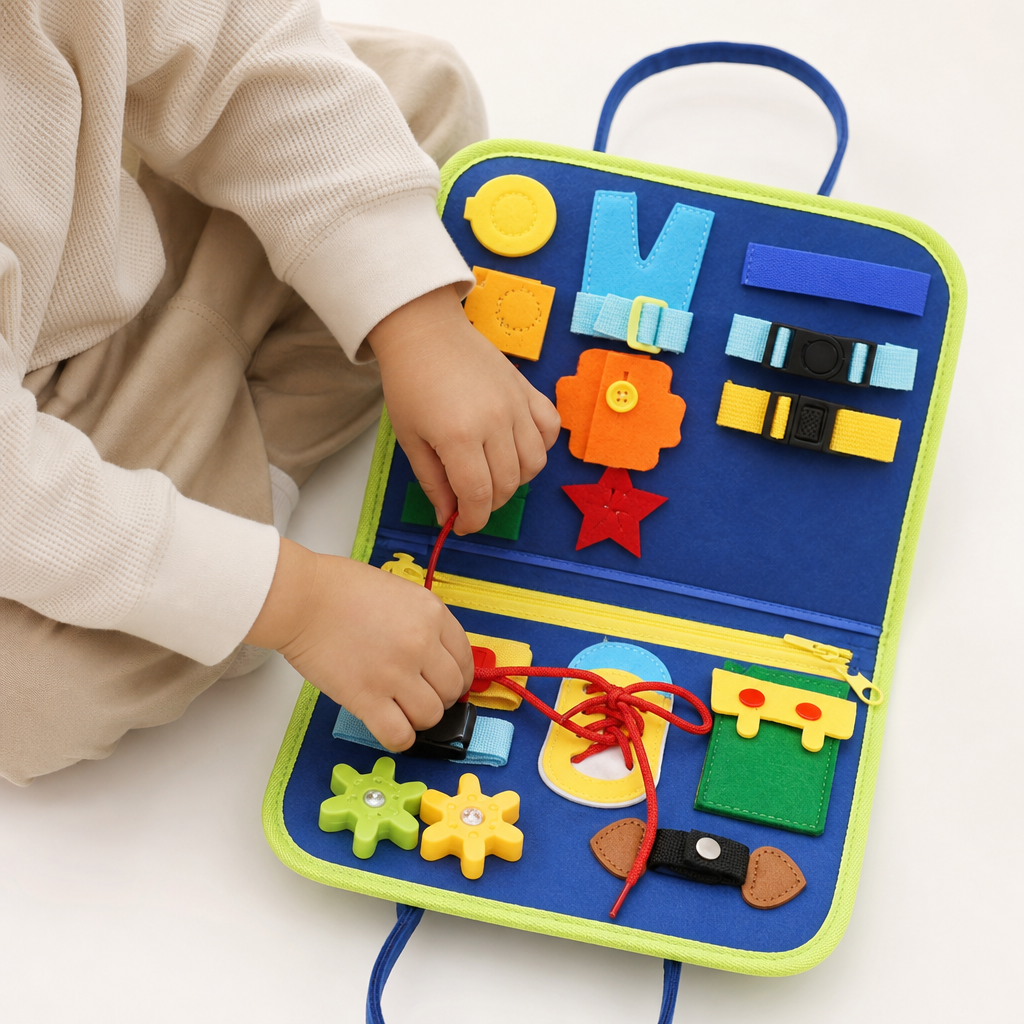 Montessori Kids Travel Toy Felt Activity Quiet Books Busy Board Activity Educational Sensory Learning Book - Entrain de jouer fond blanc Bild