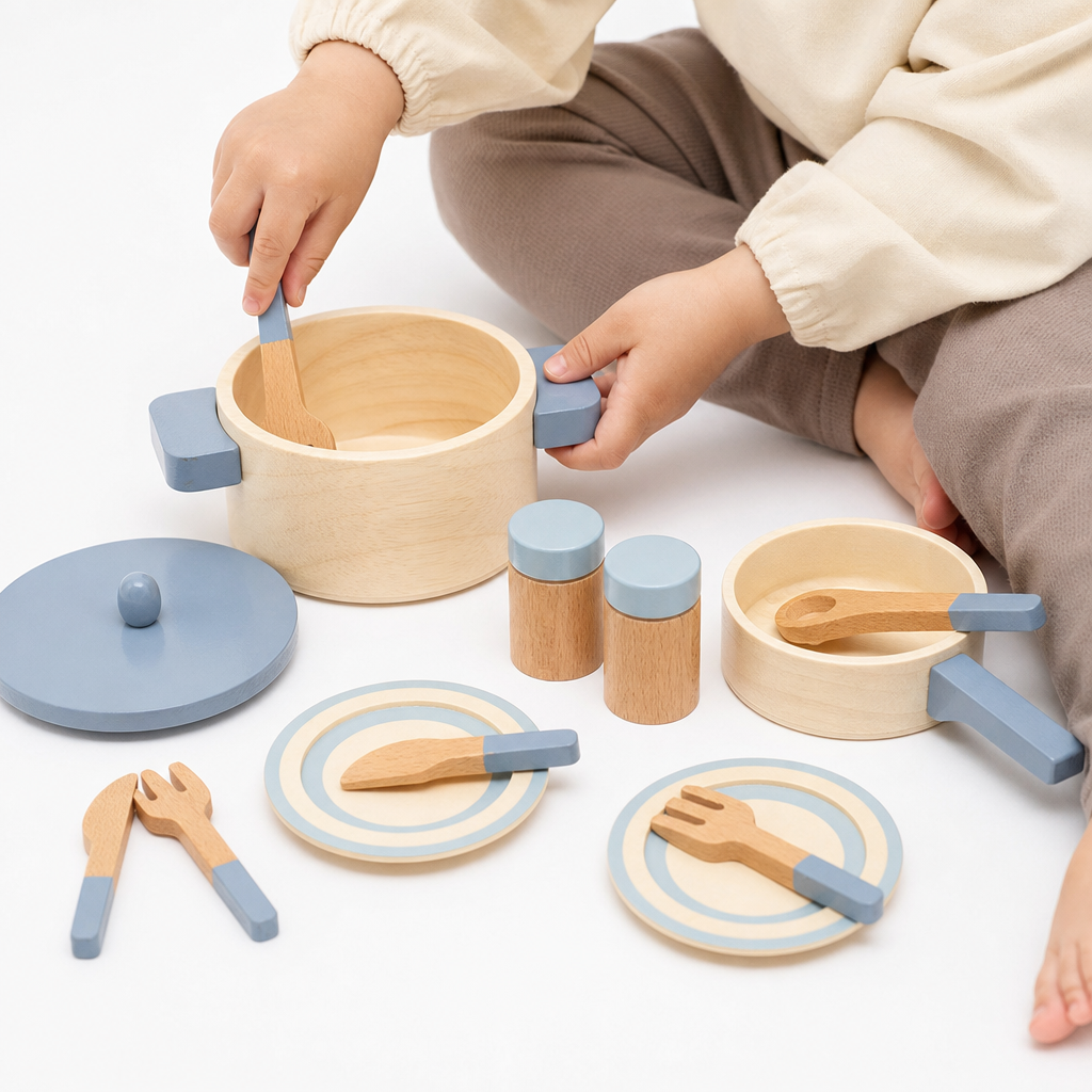 Montessori Kochgeschirr-Set aus Holz - Entrain de jouer fond blanc
