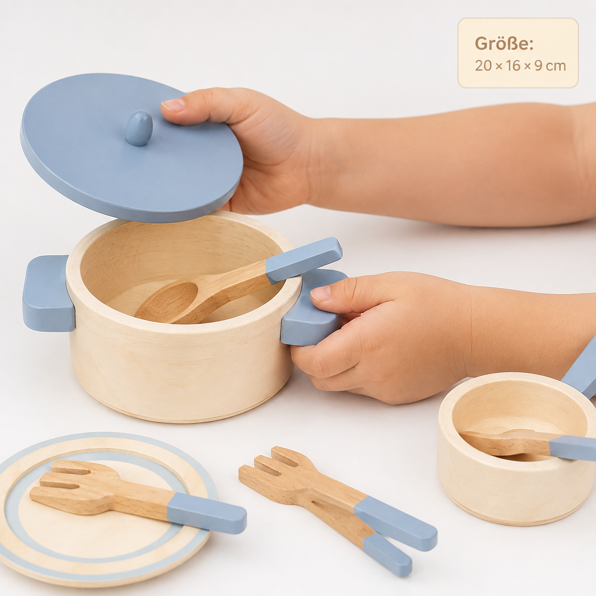 Montessori Kochgeschirr-Set aus Holz - Entrain de jouer, mais avec les caractéristiques
