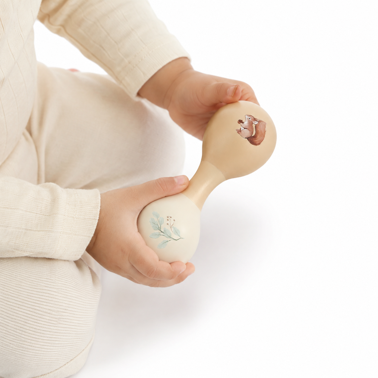 Montessori-Maracas aus Holz - Entrain de jouer fond blanc Bild