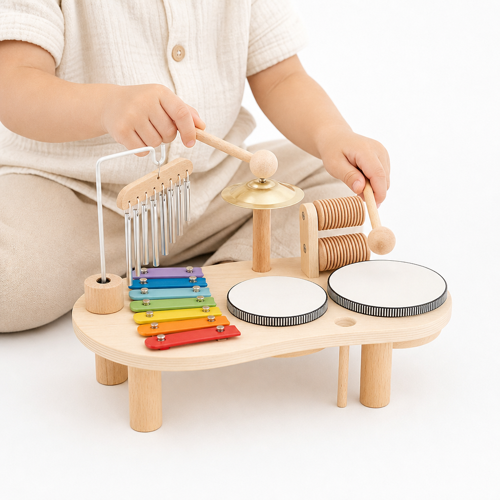 Montessori-Musikinstrumente-Set aus Holz - Entrain de jouer fond blanc