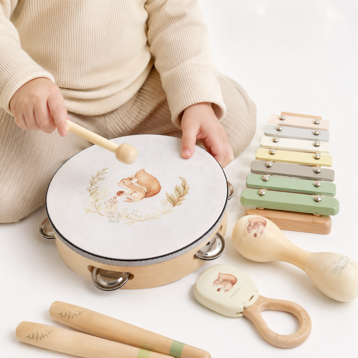 Montessori-Musikinstrumente-Set für Babys - Entrain de jouer fond blanc