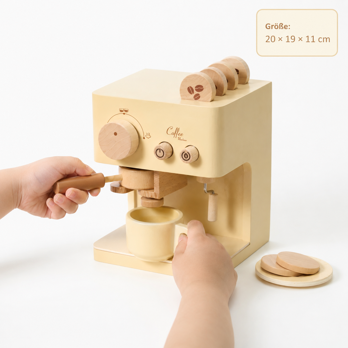 Toddlers Wooden Coffee Machine - Entrain de jouer, mais avec les caractéristiques